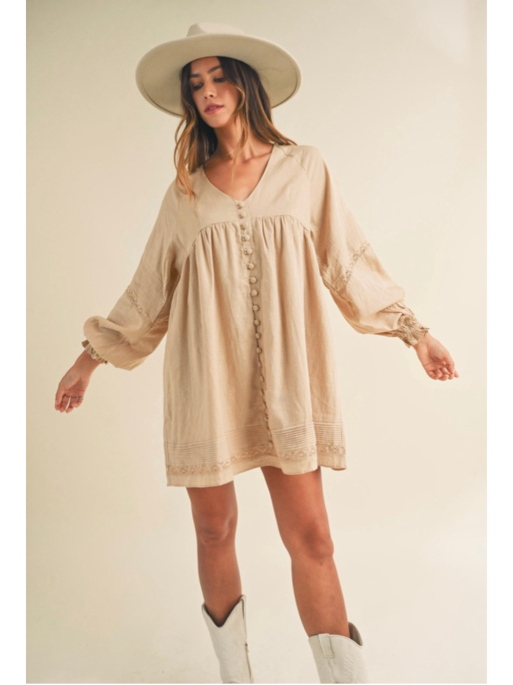 MABLE Beige Linen Blend V Neck Long Sleeve Mini Dress Size Small